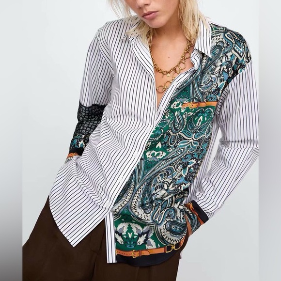 ZARA WOMAN Color-block Striped Paisley Button Down Shirt Size Medium - Picture 1 of 6